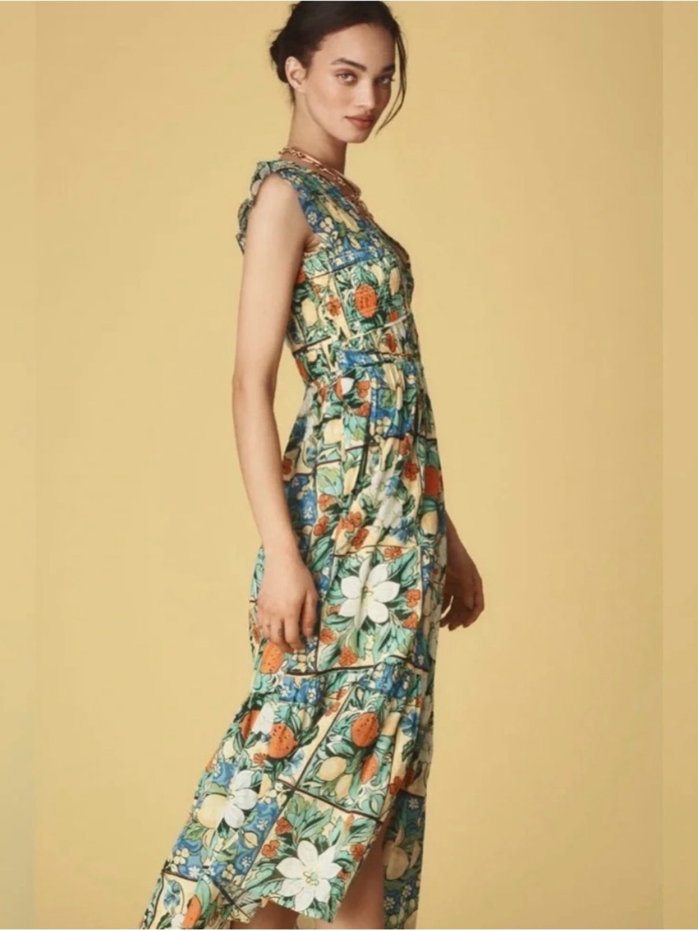 Anthropologie Yellow, Blue & Green Floral Citrus Maxi Dress